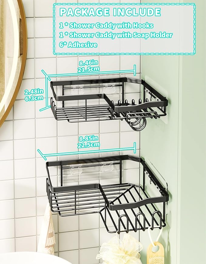 HapiRm Corner Shower Caddy with Shampoo Holder, 2-Pack Shower Organizer Shower Storage Shelf with 11 Hooks, No Drilling Rust Proof Stainless Steel Corner Shower Shelf with 6 Pack Adhesives (Black)