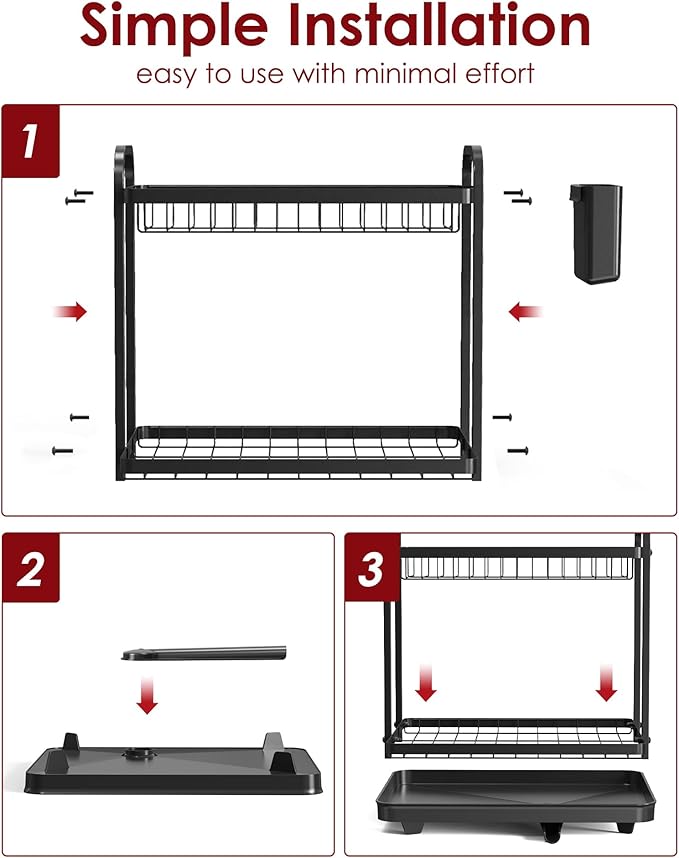 2-Tier Dish Drying Rack - Stainless Steel Dish Rack with Cutlery & Utensil Holders for Kitchen Counter, Sink Organization and Storage for Small Family, 15" W x 11.4" L x 15" H, Black