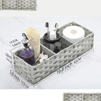 [Larger Compartments] Toilet Tank Topper Paper Basket - Multiuse Hand Woven Plastic Wicker Basket with Divider for Organizing, Rustic Farmhouse Bathroom Decor, Countertop Organizer Storage, Gray Wash