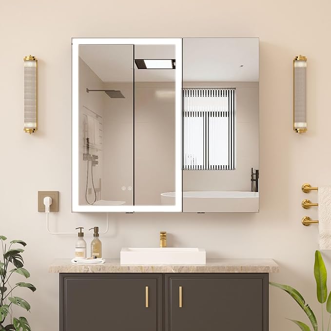 30x28 Medicine Cabinet with Lights Mirror, LED Lighted Medicine Cabinet Wall Mounted, Modern Sturdy Aluminum Mirrored Cabinet with Memory 3 Color Dimmable and Defogger, Adjustable Shelves