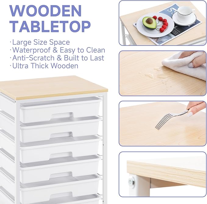Rolling Cart with Drawers,Utility Cart with 6 Drawers,Rolling Storage Cart with Drawers and Wooden Tabletop & Lockable Wheel,White