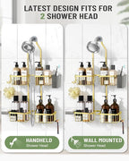 Adjustable Shower Caddy Hanging for Handheld Showerheads - Never Rust Shower Hanging Organizer, Upgraded Bathroom Shower Rack with Soap Basket, Hooks and Toothbrush Holder (Gold)