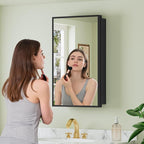 Buruis 14"x 24" Small Framed Medicine Cabinet with Mirror, Compact Recessed or Wall Mounted Bathroom Cabinet, Adjustable Tempered Glass Shelves, Left/Right Open Reversible, No Assembly Required, Black