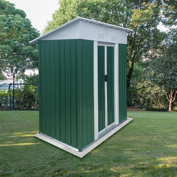 Heavy-Duty Outdoor Garden Shed with Aluminum Alloy Frame, Hinged Door, and Stable Foundation for Secure Storage (5x3 FT Green Pent Roof)