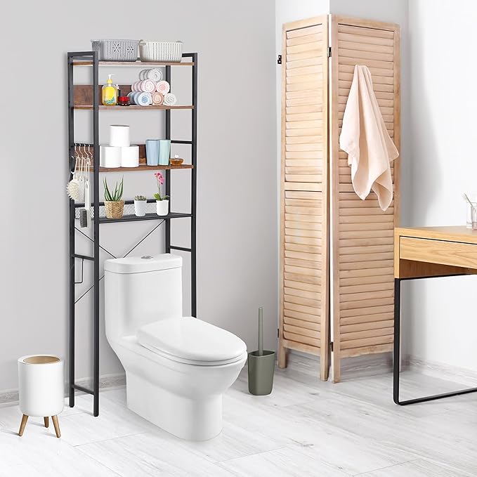 SUPER DEAL Over The Toilet Storage Shelf, 4-Tier Bathroom Organizer Space Saver Rack Wood Shelf, Rustic Brown