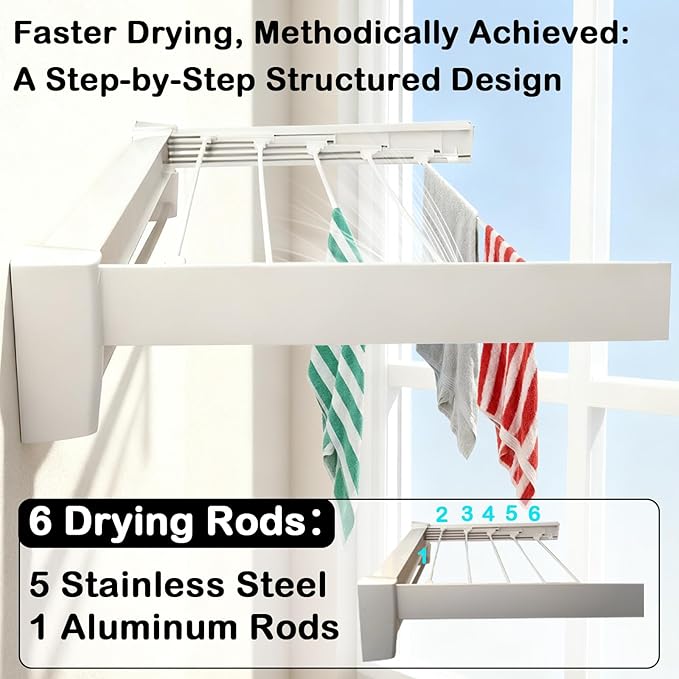 Wall Mounted Clothes Drying Rack 27 inches,Foldbale Laundry Drying Rack 6 Rods,Hidden Drying Rack Clothing,Retractable,Collapsible,Screws Needed Folding Laundry Rack (White, Medium)