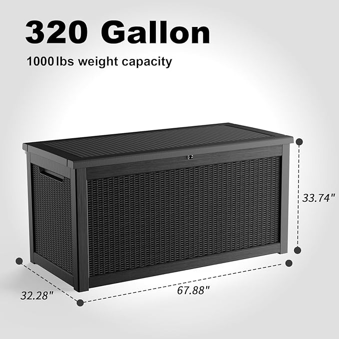 320 Gallon Outdoor Waterproof Resin Storage Deck Box Lockable Outside Bench UV Resistant Bin Patio Porch Furniture Pool Float Garden Tool Cushion Black
