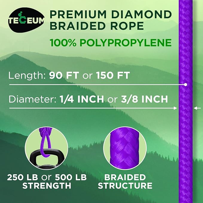 TECEUM Rope – 90 Feet x 3/8 Inch (10mm) – Purple – Strong All-Purpose Utility Rope – Camping, Crafting, Flag Pole, Indoor & Outdoor – Polypropylene Nylon Poly Lightweight Diamond Braided Cord
