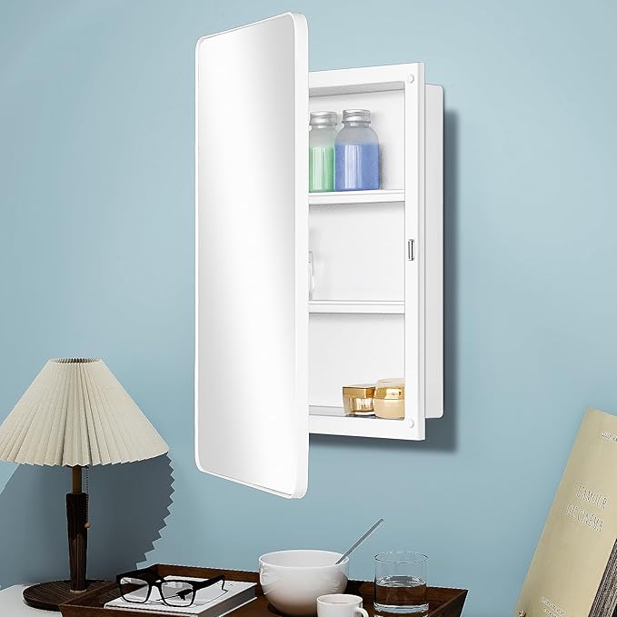 Fundin White Plastic Medicine Cabinet, Mirror Door with Round Corner Metal Frame, Recessed and Surface Mount Bathroom Wall Medicine Cabinet, 16 x 24 inch Mirror Size