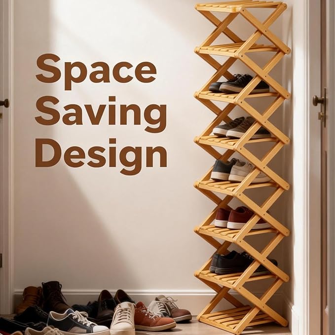 2/3/4/5/6/7/8/9 Tier Bamboo Folding Shoe Rack,2026 New Bamboo Foldable Shoe Rack,no Installation Required,Vertical Multi-Layered Organizer,Space-Saving for Entryways& Balconies (Brown, 3)