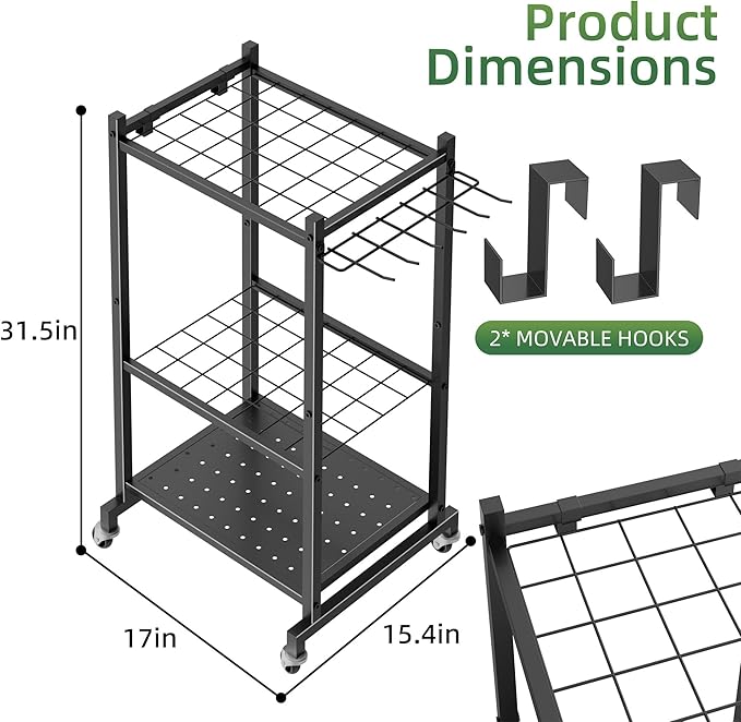 Garden Tool Organizer Stand with Wheels,Yard Tool Organizer for Garage with 2 Hooks, Rack Up to 42 Tools,Broom Holder & Garden Tool Rack for Shed, Patio, Outdoor Use