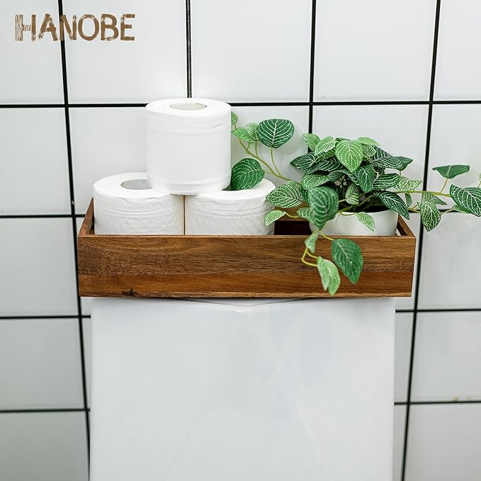 Hanobe Bathroom Toilet Tank Basket: Wood Acacia 2pcs Toilet Paper Topper with Vanity Tray Back of Organizer Toiletry Storage Holder Box
