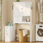 Over the Toilet Storage Cabinet with Mobile Bathroom Storage Cabinet & 3 Adjustable Shelves, Bathroom Storage Cabinet Over Toilet with 4 Section Drawers for Bathroom, Laundry Room, White