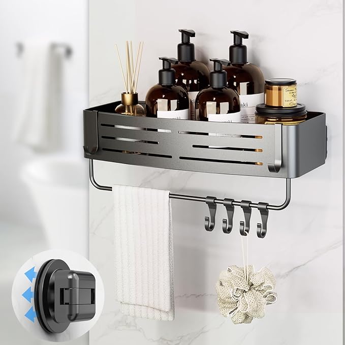 Onemake Shower Caddy Suction Cup, No Drilling Bathroom Shower Shelf, Corner Shower Caddy with 6 Portable Hooks, Removable Bath Organizer with Towel Bar for Bathroom Storage(Gray)