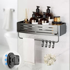 Onemake Shower Caddy Suction Cup, No Drilling Bathroom Shower Shelf, Corner Shower Caddy with 6 Portable Hooks, Removable Bath Organizer with Towel Bar for Bathroom Storage(Gray)