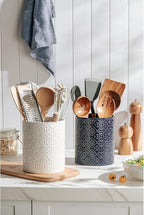 Kitchen Utensil Holder, 6x7 inch Large Ceramic Utensil Holder with Embossed Pattern, Cooking Utensil Crocks for Kitchen Countertop, Home Decor, Blue