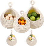 Hanging Storage Baskets Boho Decor Set of 3, Handmade Cotton Rope Wall-Mounted Fruit & Vegetable Baskets, Decorative Hanging Organizers for Kitchen, Entryway, Bathroom & Bedroom