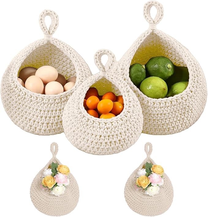 Hanging Storage Baskets Boho Decor Set of 3, Handmade Cotton Rope Wall-Mounted Fruit & Vegetable Baskets, Decorative Hanging Organizers for Kitchen, Entryway, Bathroom & Bedroom