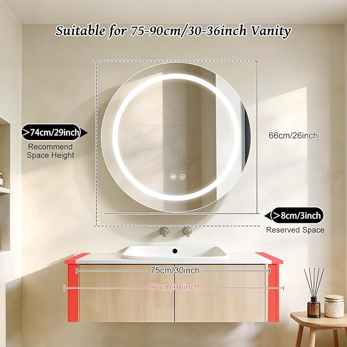 26inch Round Medicine Cabinet with Lights,Led Medicine Cabinet with Defogger,Illuminated Mirror Cabinet for Bathroom,Dimmable,Anti-Fog,3000k-6500K Color Temperature