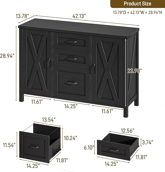 3 Drawer File Cabinet, Farmhouse Lateral Filing Cabinet with Doors Fits Letter or A4 Size, Wooden Printer Stand with Open Storage Adjustable Shelf for Home Office, Rustic Black