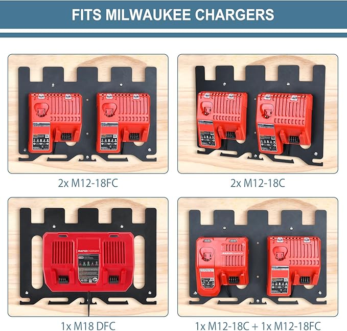 3-in-1 Metal Wall Mount for Milwaukee Chargers Batteries Drills Storage Rack for 4x 18V Battery Packs Bracket Holder for 2x M12-18C Charger/2x M12-18FC Charger/1x M18 DFC, Power Tool Organizer