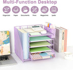 Desk Organizer with Drawer and Pen Holder, 5-Tier Paper Letter Tray Organizer with File Holder, Suitable for Workspace Organizer Office Supplies Storage (Purple)