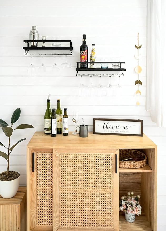 Mkono Wall Mounted Wine Rack Set of 2 Wood Shelf Rustic Wine Bottle Glass Floating Shelves with Stemware Hanger Modern Plants Photos Wine Display Storage Holder for Kitchen Dining Room Bar, Black