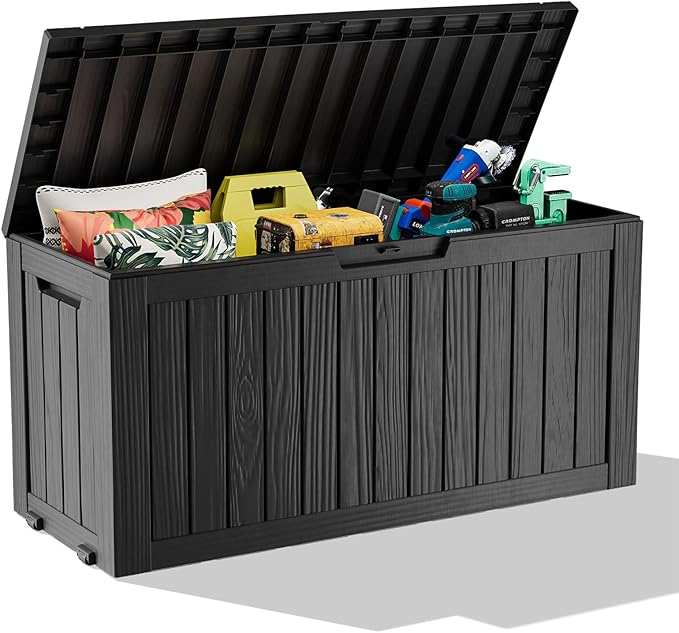 90 Gallon Outdoor Waterproof Resin Storage Deck Box Lockable Outside Bench UV Resistant Bin Patio Porch Furniture Pool Float Garden Tool Cushion Black
