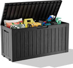 85 Gallon Outdoor Deck Box, Lockable Waterproof Outdoor Storage Boxes For Garden Tools,Indoor Cushions,Accessories Outside Storage Resin Weatherproof Container(Black)