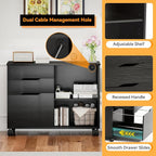 FDW 3 Drawer Lateral File Cabinet Mobile File Cabinet with Open Storage Shelves Office Printer Stand & Under-Desk Organizer with Wheels for Home Office,Black