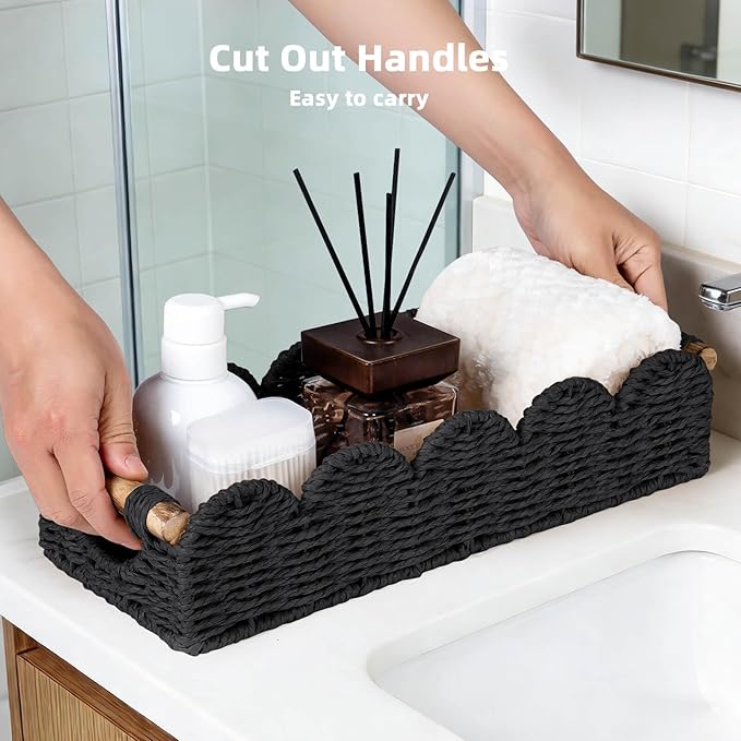 CubesLand Bathroom Basket Organizer w/Cut Out Handle, Back of Toilet Paper Storage Baskets Tray for Bathroom Countertop Decorative, Scalloped Wicker Basket Also for Home Decor, Living Room, Black