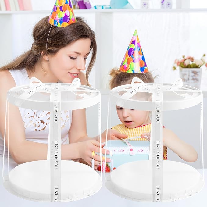 JCD 6Pcs 8.5 * 9.5inch Round clear cake boxes with Ribbon,Ideal for 7inch and 6inch Tall Layer Tiered Cakes,Multi-Layer cake boxes for Christmas Bakery Treat (box, Clear Lid, Round 8.5inch/6Pcs)