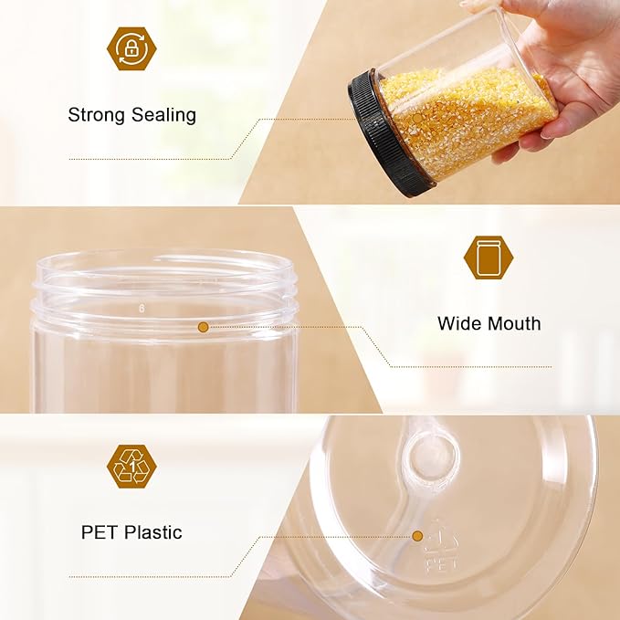 16oz Clear Plastic Jars With Lids,Plastic Jars With Lids,Airtight Container Ideal For Dry Food, Peanut Butter, Honey Jam,Cream, Bathroom and Storage(set of16)