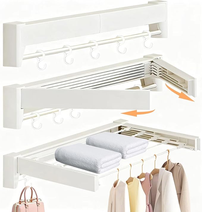 Wall Mounted Clothes Drying Rack 27 inches,Foldbale Laundry Drying Rack 6 Rods,Hidden Drying Rack Clothing,Retractable,Collapsible,Screws Needed Folding Laundry Rack (White, Medium)