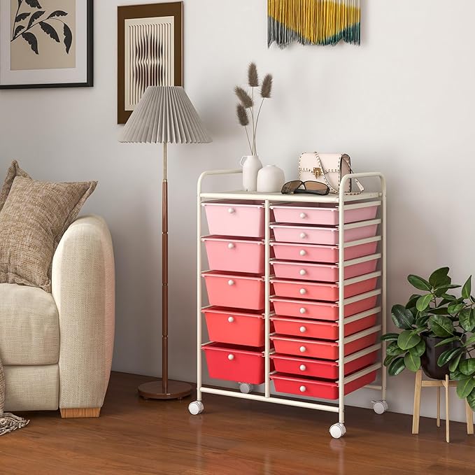 LUARANE Rolling Cart with 15 Drawers, Craft Storage Cart with Portable Handles & Lockable Wheels, Mobile Toys Organizer, Large Capacity Utility Drawer Cart Home Office School Teacher (Gradient Pink)