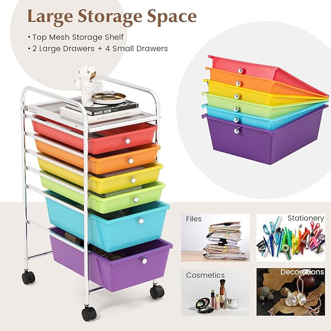 GOFLAME 6-Drawer Rolling Storage Cart, Multifunctional Art Craft Organizer Cart, Mobile Utility Storage Cart with Removable Drawers & Lockable Wheels, Craft Cart for Home Office, School, Multicolored