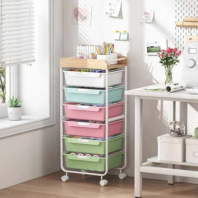 6 Drawer Rolling Cart for Craft Storage,Utility Drawer Organizer with Handle and Wooden Top,Storage on wheels for Office, Classroom,Laundry,Garage,Snack,Art Supply,Colorful