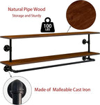 Clothes Rack 60in, Wall Mounted Garment Rack with Real Walnut Wood Shelf, Heavy Duty Hanging Clothes Rack, Multi-Purpose Hanging Rod, Space-Saving Closet Storage (Walnut, 2T60IN)