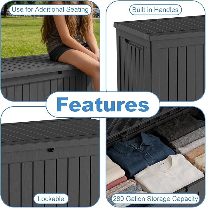 280 Gallon Outdoor Waterproof Resin Storage Deck Box Lockable Outside Bench UV Resistant Bin Patio Porch Furniture Pool Float Garden Tool Cushion Black