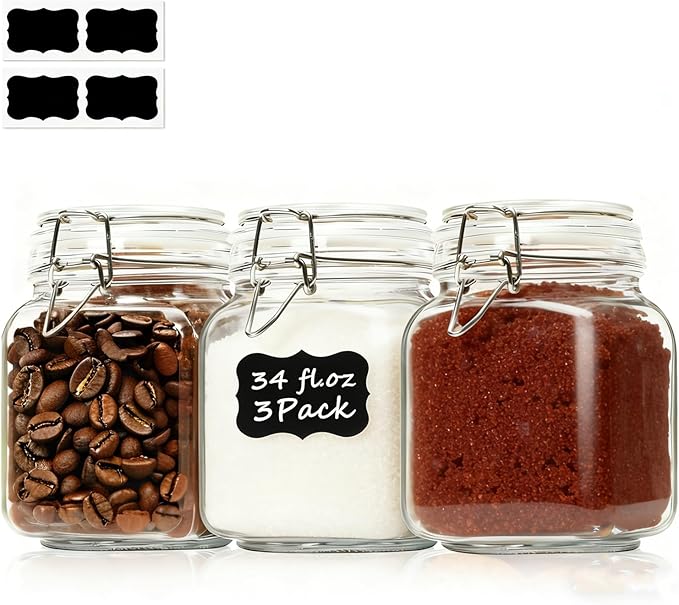 ComSaf 3-Pack Square Glass Coffee Canisters, 34oz Airtight Pantry Jars for 1lb Coffee Bag, Sugar, Flour & Tea, Space-Saving Food Storage Containers for Kitchen Counter & Small Apartment Organization
