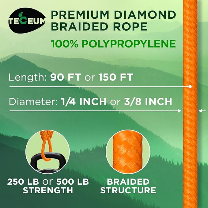 TECEUM Rope – 90 Feet x 1/4 Inch (7mm) – Orange Yellow – Strong All-Purpose Utility Rope – Camping, Crafting, Flag Pole, Indoor & Outdoor – Polypropylene Nylon Poly Lightweight Diamond Braided Cord
