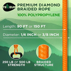 TECEUM Rope – 90 Feet x 1/4 Inch (7mm) – Orange Yellow – Strong All-Purpose Utility Rope – Camping, Crafting, Flag Pole, Indoor & Outdoor – Polypropylene Nylon Poly Lightweight Diamond Braided Cord