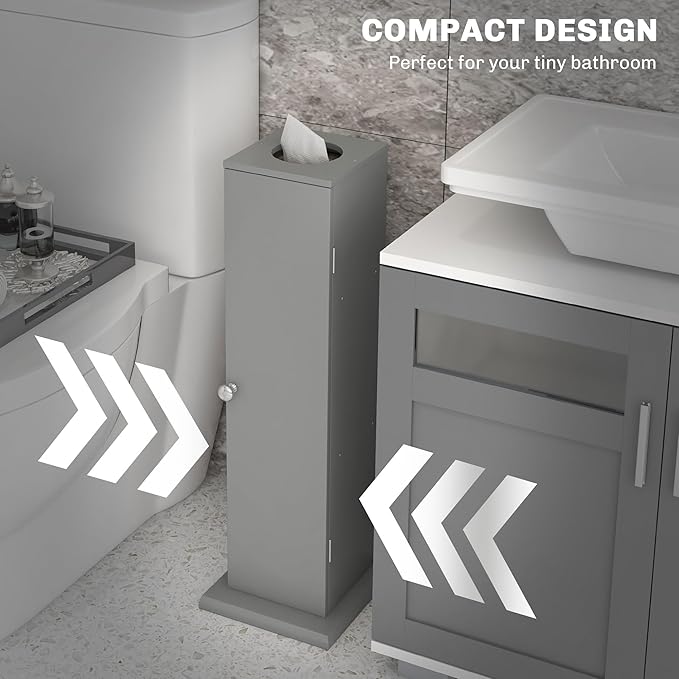 HOMCOM Toilet Paper Cabinet, Small Bathroom Corner Floor Cabinet with Doors and Shelves, Thin Storage Bathroom Organizer for Paper Shampoo, Gray