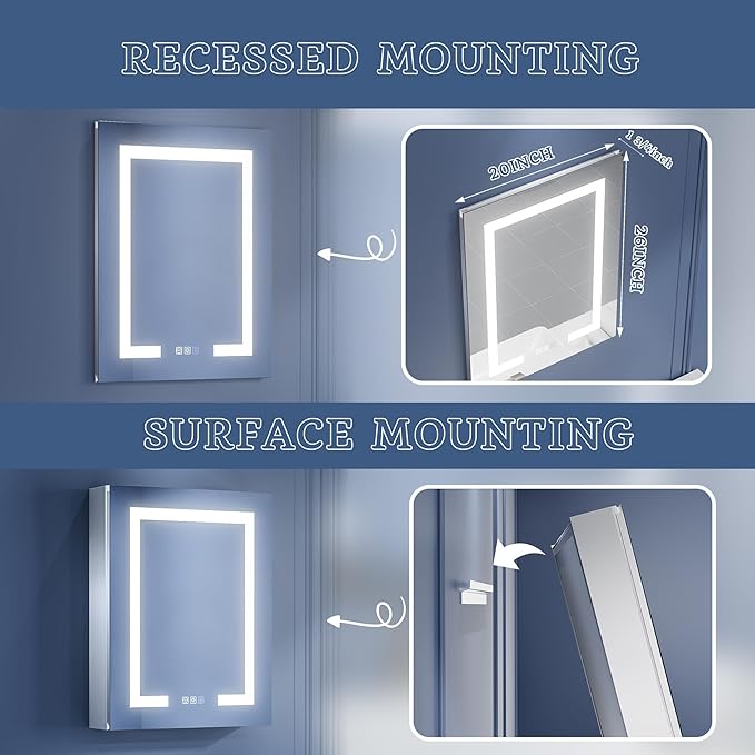 ExBrite Lighted Medicine Cabinet with Mirror, 20 x 26 Inch, Recessed or Surface led Medicine Cabinet, Defog, Stepless Dimming,Color Temperature Change,2 Outlets,Built-in 6000K Sensor Light,Right Hinge