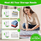 Vacuum Seal Bags for Clothing with Wireless Electric Pump - Travel & Home Use, 15 Pack Ideal Space Saver Vacuum Storage Bags, Ultimate Travel Vacuum Bags for Luggage