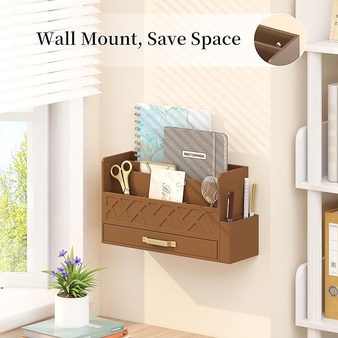 Bamboo Desktop Organizer with Drawer,Bill & Mail Organizer for Office Desk, Wall Mounted and Countertop Mail Sorter,Workspace Storage Accessories Organizer for File Letter （Brown）