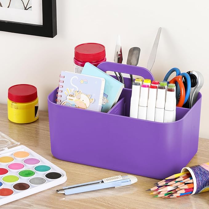 Multiuse Caddy Organizer with Handle, Stackable Plastic Tote Bin - Art Craft Supplies, Office, Desk, Stationery Pen Holder, Kitchen, Utensil, Makeup, Bathroom, Shower, Cleaning, Dorm Organizer, Purple