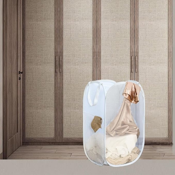2Pcs Pop Up Hampers for Cruise, Folding Laundry Basket Space Saving Design, Dirty Clothes Hamper for Bedroom, Hotel, RV, Travel (White+Beige)