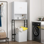 Tangkula Over The Toilet Storage Cabinet, Bathroom Space Saver Organizer with 2 Doors, Metal Stand, 2 Side Hooks, Freestanding Above Toilet Storage Cabinet for Restroom Laundry (White)