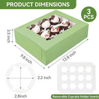 3-Set Cupcake Boxes Bulk with Clear Display Window Hold 12 Standard Cupcakes, Disposable Food Grade Green Cupcake Carrier Cupcake Container, Perfect for Cupcakes Muffins Cookies Pastries
